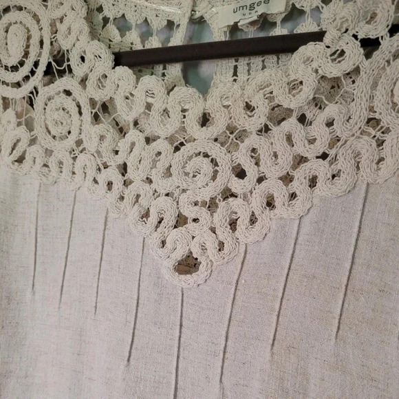 UMGEE linen cotton crochet lace balloon sleeve BOHO blouse top, oatmeal size M - Picture 4 of 9